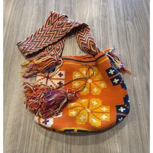 Handmade Wayuu‎ Mochila Bag Crossbody Orange Multi Color Woven Strap